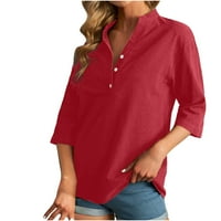 Pamučne lanene košulje za žene s izrezom i gumbima u obliku slova u, jednobojni vrhovi, ležerna široka jesenska bluza s dugim rukavima,