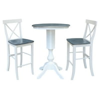 Trpezarijski stol od punog drveta visok 30 inča s okruglim šankom za doručak i stolicama s poprečnim naslonom od bijelog vrijeska