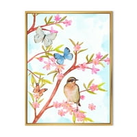 DesignArt 'pametna ptica koja sjedi na grani proljetnog stabla s tradicionalnim uokvirenim uokvirenim zidnim tiskom leptira