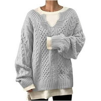 Topovi za žene, ženski jednobojni gornji dio dugih rukava i donji dio vrata, ležerni široki pleteni džemperi, bluza u sivoj boji