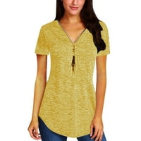 Ženske bluze Ženska ležerna majica s izrezom u obliku slova u i kratkim rukavima gornji dio s patentnim zatvaračem s resicama jednobojna