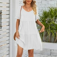 Rasprodaja ljetnih haljina za žene s dekolteom u obliku slova H, kratka jednobojna haljina A kroja s kratkim rukavima, Bijela