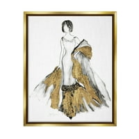 Stupell Industries Modna figura Crtanje ženskog glam večernje haljine zlato metalno zlato uokvireno plutajućem platnu zidne umjetnosti,