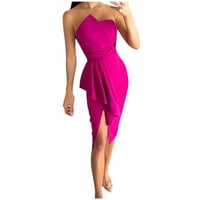 2 ljetne haljine za žene, Ženska ljetna pripijena prsa jednobojna nabrana kratka haljina bez rukava, ramena, do koljena, vruće ružičasta