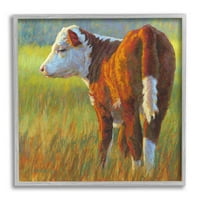 Krava ispaše travnate farme životinje i insekti slikaju siva uokvirena umjetnička print zidna umjetnost