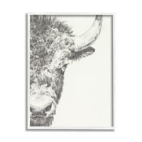 Uzorak Životinja u stilu ruralnog bizona u MIB-u, Detaljni grafitni uzorak divljih životinja, bijeli uokvireni umjetnički tisak,