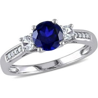 1- Carat T.G.W. Stvoreno plavo-bijeli safirski dijamantni bijeli zlato od 10kt Tri kamenog prstena