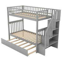Drveni krevet kreveta s trundle i skladištenje, aukfa blizanac preko dvostrukog kabrioletnog okvira kreveta s stepenicama za djecu