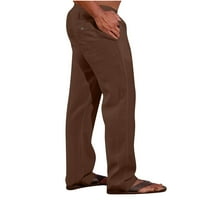 Muške pamučne lanene hlače s vezicama, obične Ležerne hlače s elastičnim pojasom i džepom, hlače s pamučnim lanenim umetkom, smeđe
