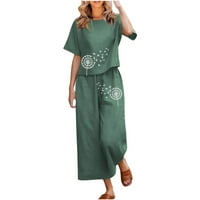 Ženska odjeća za Ljeto Ženska ljetna moda ležerno široko laneno odijelo s okruglim vratom i kratkim rukavima s printom širokih nogavica