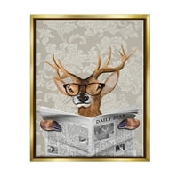 Stupell Industries jeleni čitaju novine s velikim naočalama metalik zlato uokvireno plutajućem platnu zidne umjetnosti, 16x20