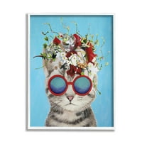 Stupell Industries Slatka zabavna cvjetna mačka Noseći sunčane naočale podebljana plava pozadina 30, Dizajn Coco de Paris