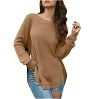 Ženski pulover s dugim rukavima, pulover s okruglim vratom, jednobojni gornji dio s prorezom, džemper s okruglim vratom, labav kroj