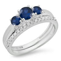 Kolekcija od 14 karatnog plavog safira i bijelog dijamanta, set vjenčanih prstenova za mladenke, bijelo zlato, veličina 8
