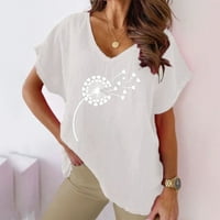 Ljetni topovi za žene Plus size, ležerna bluza s izrezom u obliku slova H i grafičkim printom, pamučne lanene majice kratkih rukava,