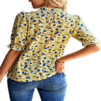 Topovi za žene, majica kratkih rukava, majica s cvjetnim printom, majica za odmor s volanima, pulover s okruglim vratom, žuti;