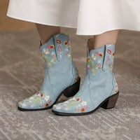 Ženske čizme, nove zimske kaubojske čizme s vezenim cvijećem, ženske čizme s debelim potpeticama u plavoj boji