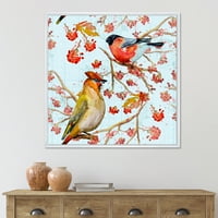 Dizajnerska umjetnost dvije ptice koje sjede na granama u jesen tradicionalni zidni otisak na uokvirenom platnu
