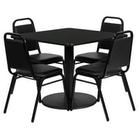 36-inčni kvadratni laminatni stol od mahagonija s okruglom bazom i crnim stolicama za bankete s trapezoidnim naslonom