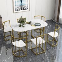 Moderni blagovaonski stol 55 7 komada, završen kompaktnim mramorom, kuhinjski stol za 6 osoba, zlatni + bijeli