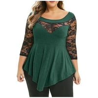 Plus size ženske jednobojne cvjetne čipkaste bluze s okruglim vratom asimetrični vrhovi od tri četvrtine zelena bluza u A-listi