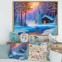 DesignArt 'stara kabina u zimskoj šumi u večernjim sjajem i' tradicionalno uokvirena platna zidna umjetnička tiska